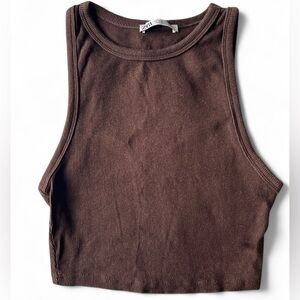Zara Womens Brown Ribbed Sleeveless Summer Girlie Beachy Crop Tank Top Medium